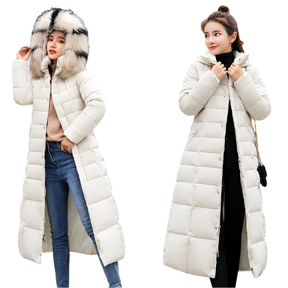 Fashionable women's long cotton padded parka jacket with a sophisticated stand collar, perfect for office or casual winter outings.