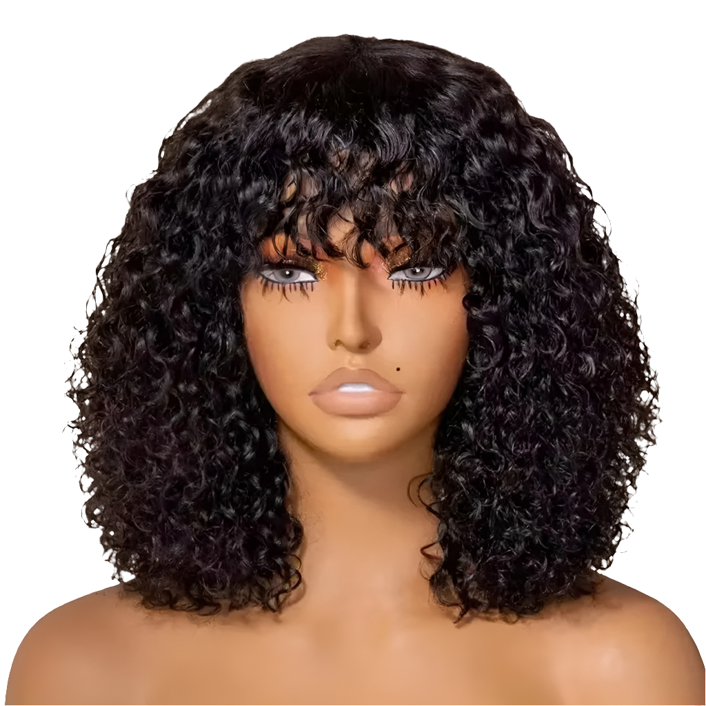 Luxury Brazilian Jerry Curl Bob Wig with Bangs, crafted from Remy human hair, showcasing a voluminous water wave texture, perfect for black women seeking an elegant short hairstyle.