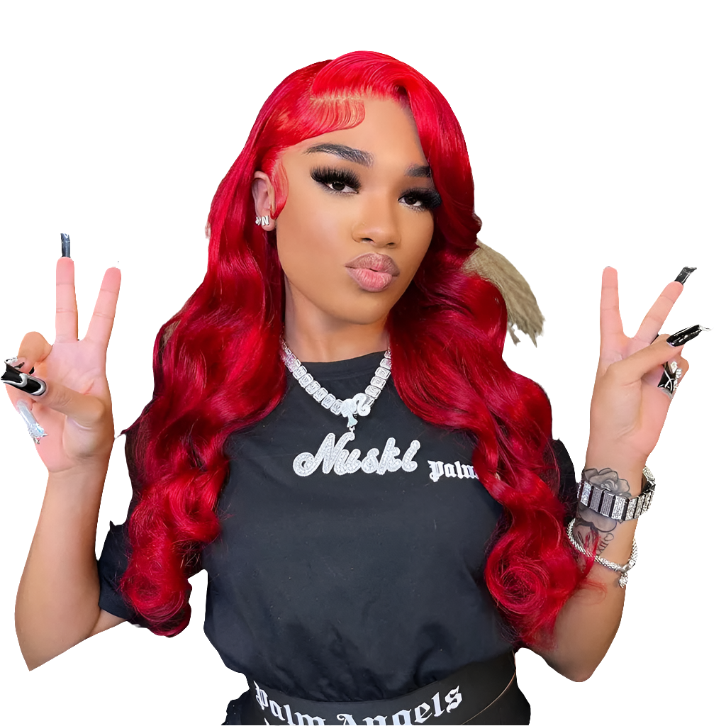 Model wearing Ubest Body Wave Transparent Lace Front Wig in striking Red 99J, illustrating its perfect fit and natural appearance for an enhanced beauty look.