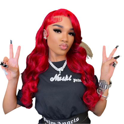 Model wearing Ubest Body Wave Transparent Lace Front Wig in striking Red 99J, illustrating its perfect fit and natural appearance for an enhanced beauty look.