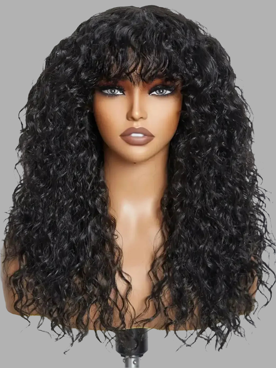 Luxurious 100% Remy Human Hair water wave wig featuring elegant brown black highlights and stylish bangs, perfect for enhancing your natural beauty.