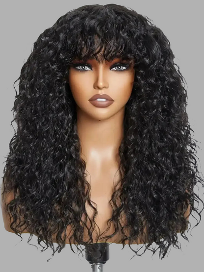 Luxurious 100% Remy Human Hair water wave wig featuring elegant brown black highlights and stylish bangs, perfect for enhancing your natural beauty.