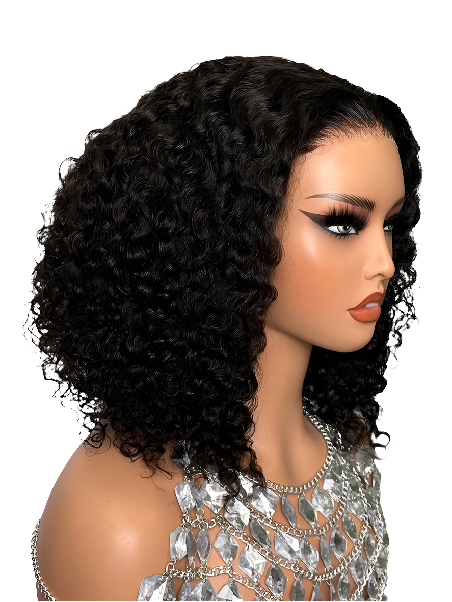 Close-up of premium quality Swiss lace base on a glueless bob wig, highlighting the exquisite texture and craftsmanship of Brazilian human hair for an effortlessly elegant look.