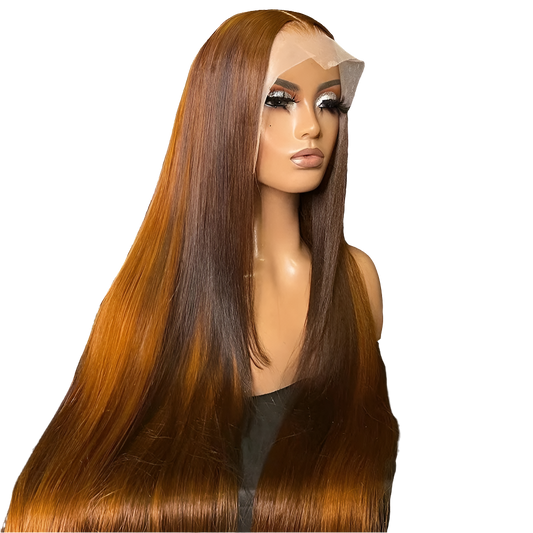 13X6 Straight Brown Orange Transparent Lace Front Human Hair Wig, featuring Ombre colours, perfect for an elegant and sophisticated look.