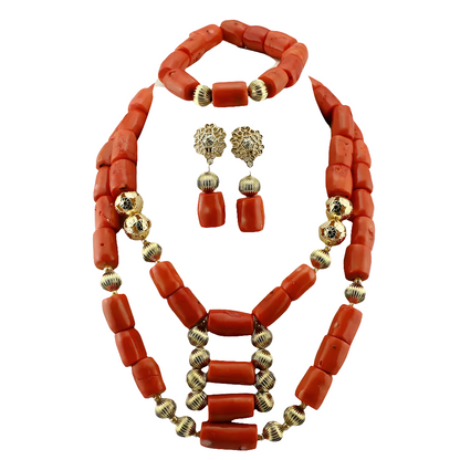 Close-up view of African coral jewellery set, highlighting exquisite craftsmanship and trendy design, suited for fashionable women.