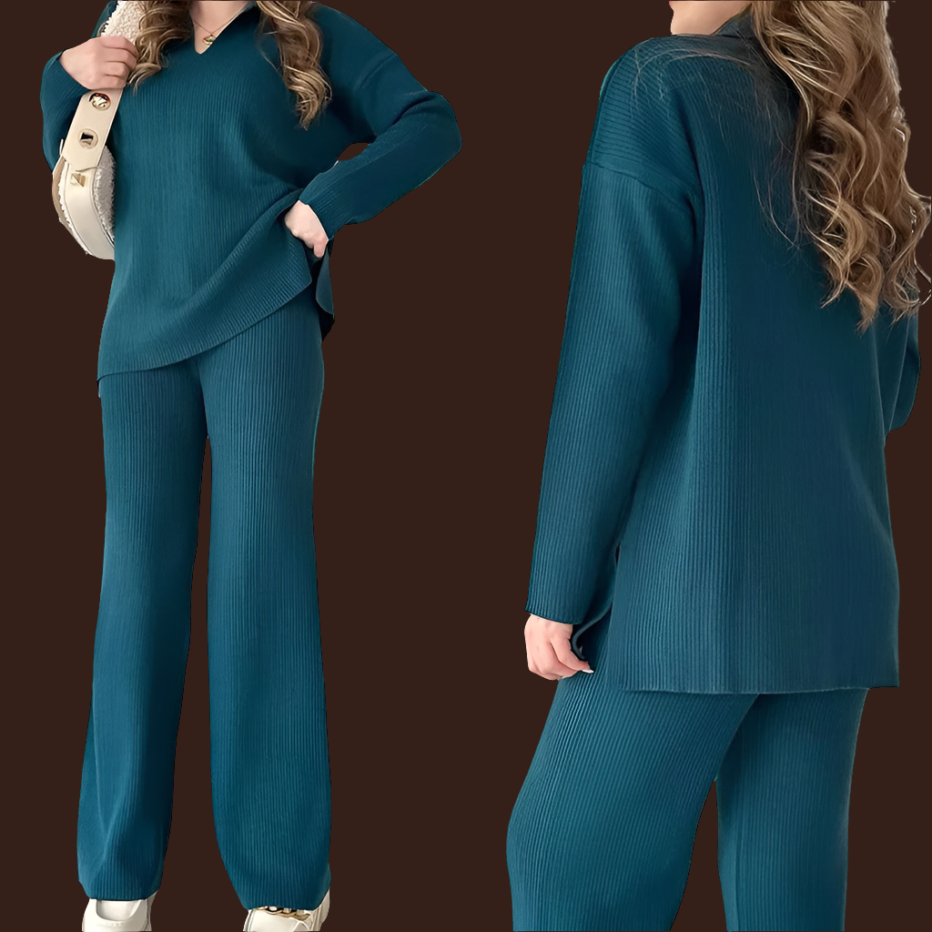 Fashion-forward oversized knitted 2-piece ensemble, highlighting a trendy v-neck sweater and flowy wide leg trousers, perfect for casual winter outings.