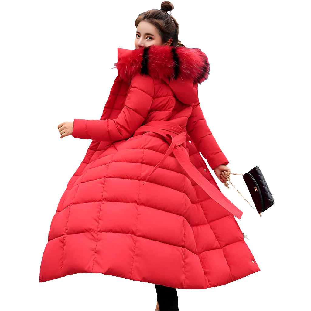 Fashionable women's thick winter jacket, highlighting a sophisticated design suitable for various occasions.