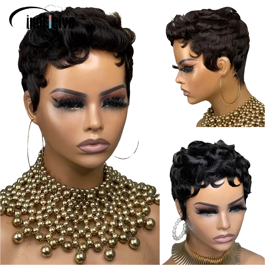 Luxury curly Remy human hair pixie cut wig for women featuring short 4-16 inch Peruvian hair, showcasing a stylish wet and wavy texture, perfect for elegant hairstyles.