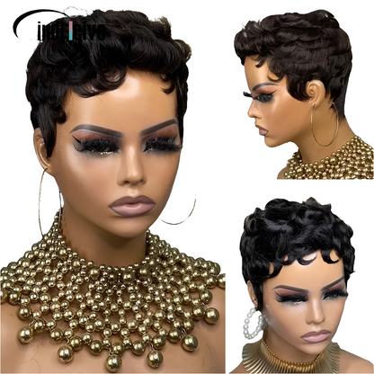Luxury curly Remy human hair pixie cut wig for women featuring short 4-16 inch Peruvian hair, showcasing a stylish wet and wavy texture, perfect for elegant hairstyles.