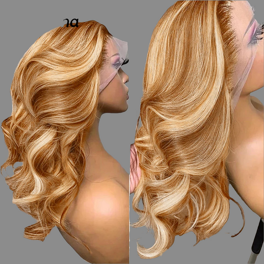 Luxurious 13x6 Body Wave Ombre Lace Front Wig in Honey Blonde with Swiss Lace, suitable for daily wear, crafted from high temperature synthetic hair, displaying elegant wavy texture.