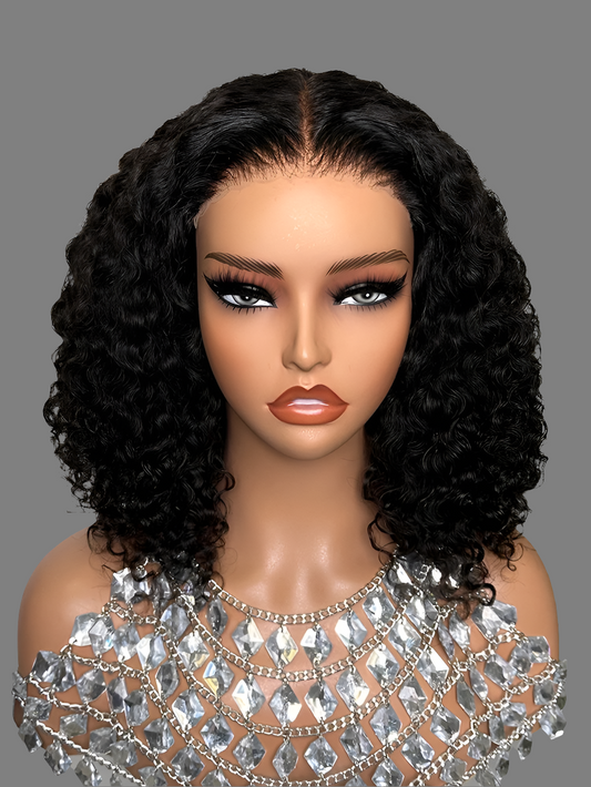 Luxurious glueless 6x6 lace closure bob wig, featuring curly wave Brazilian human hair, elegantly styled and showcased with bleached knots, available in versatile lengths from 4 to 16 inches.