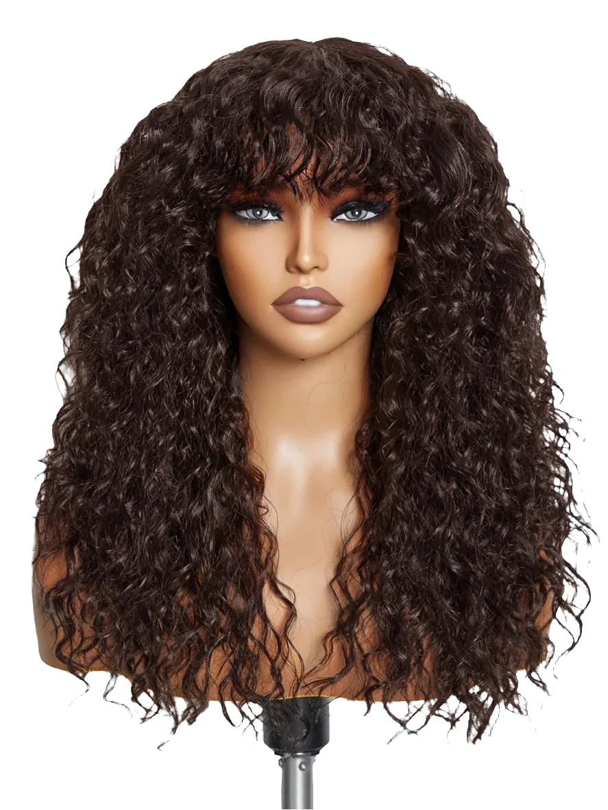 Close-up detail of a beautifully crafted water wave wig with bangs, highlighting its rich texture and high-quality construction from 100% Remy human hair.