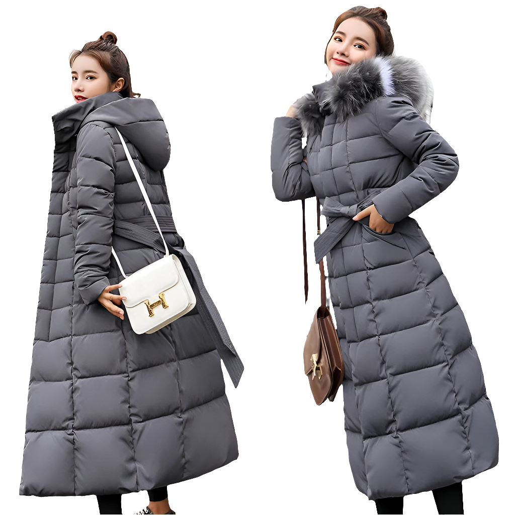 Stylish solid colour women's parka with decorative sashes, combining functionality and elegance for winter wear.