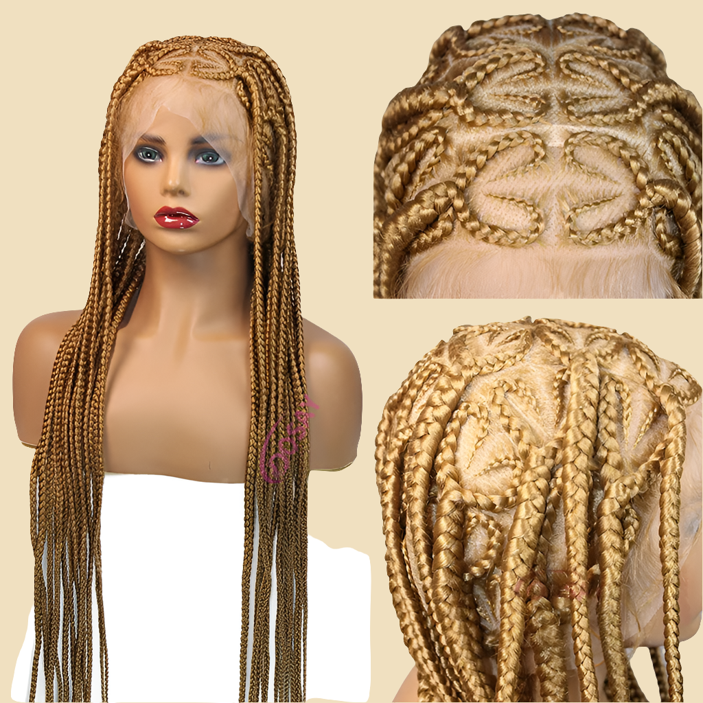 Stunning 36" Premium Heart Box Braided Lace Front Wig in a luxurious blend of blonde and black, showcasing exquisite craftsmanship for women seeking elegance.