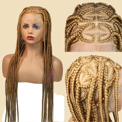 Stunning 36" Premium Heart Box Braided Lace Front Wig in a luxurious blend of blonde and black, showcasing exquisite craftsmanship for women seeking elegance.