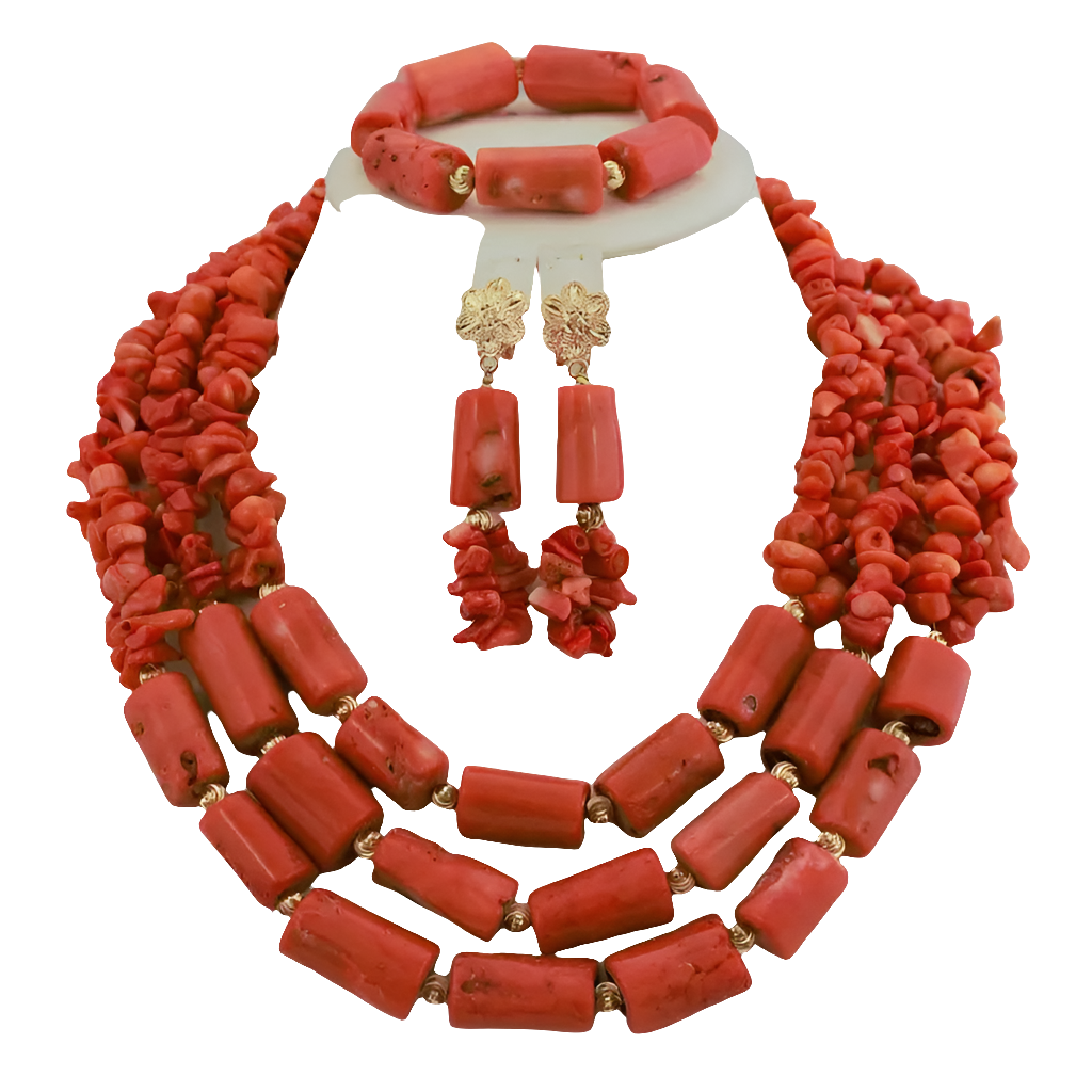 Stunning African coral earrings that complement the necklace, embodying luxury and elegance for special occasions.