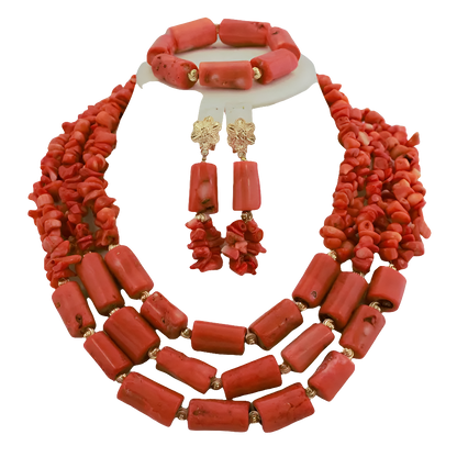Stunning African coral earrings that complement the necklace, embodying luxury and elegance for special occasions.