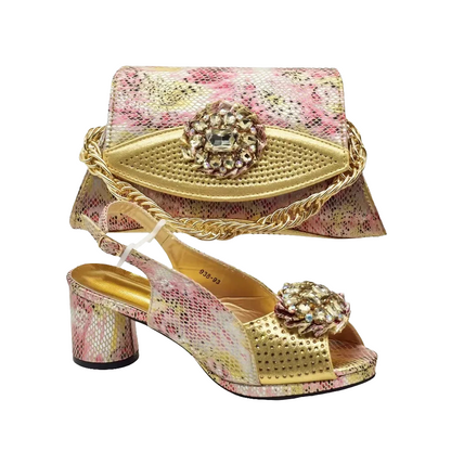 Glamorous women’s footwear and handbag ensemble, showcasing high-heeled pumps and matching bag, embodying sophistication and luxury.