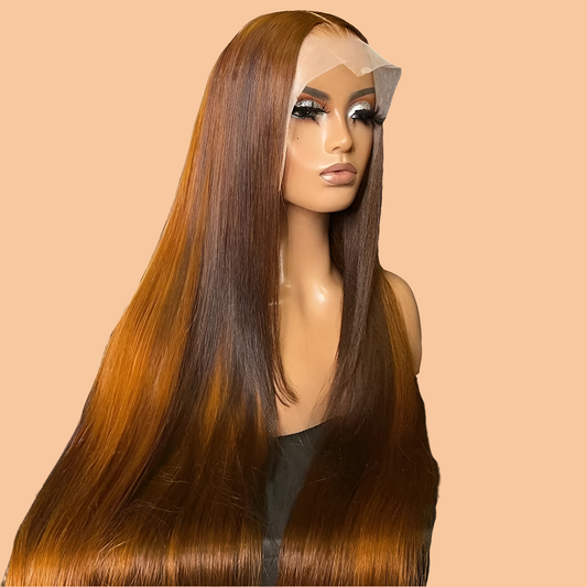 Luxurious 13X6 Straight Brown Orange Transparent Lace Front Human Hair Wig, featuring a natural ombre blend and pre-plucked hairline for an exquisite, smooth finish ideal for elegant women.