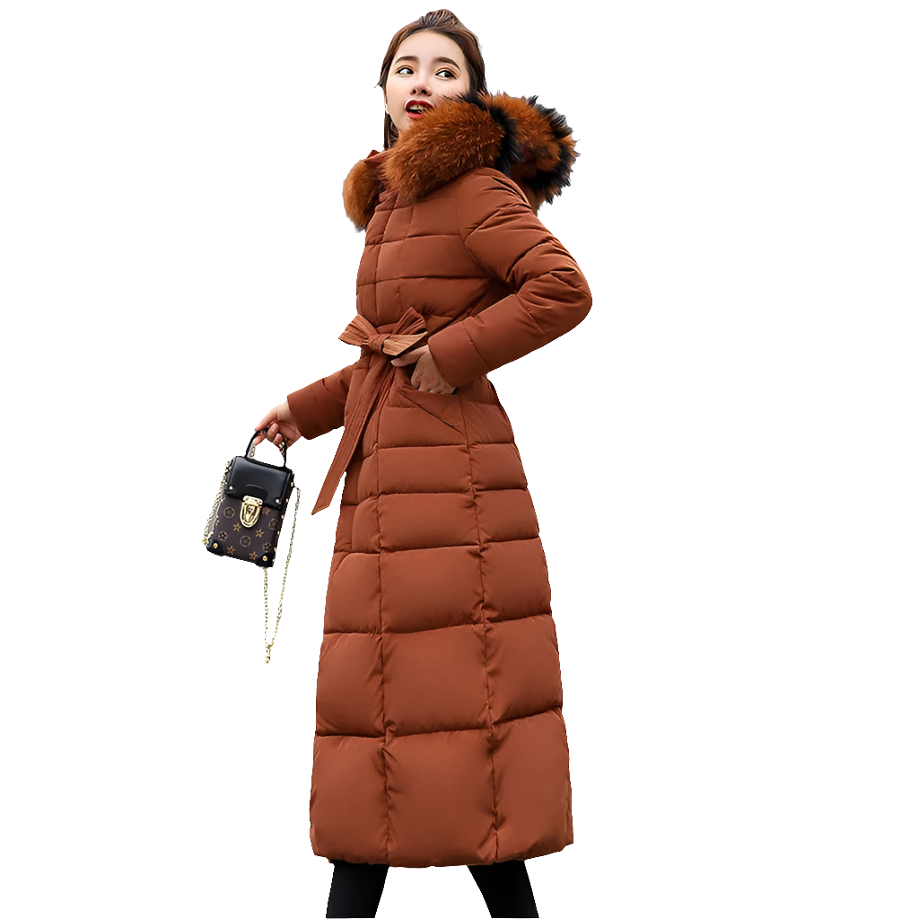 Close-up of the luxurious materials and zip closure of the women's winter parka jacket, emphasizing quality and sophistication.