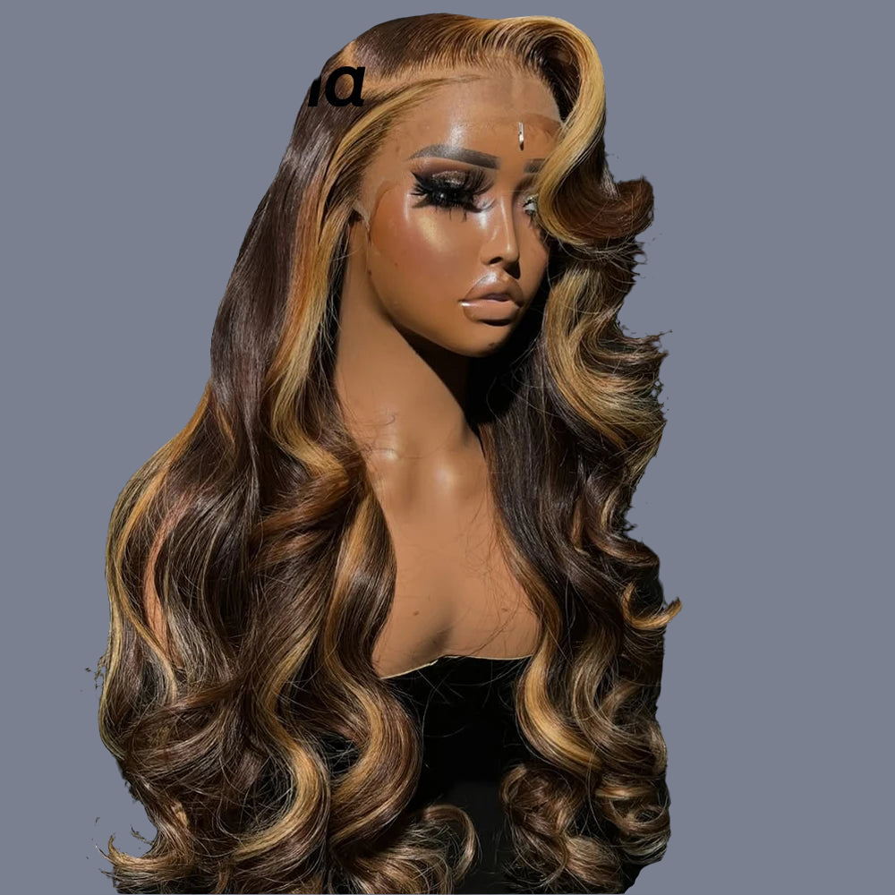 Luxurious 13x6 body wave ombre lace front wig in honey blonde, featuring high-quality synthetic hair for a stunning daily look.