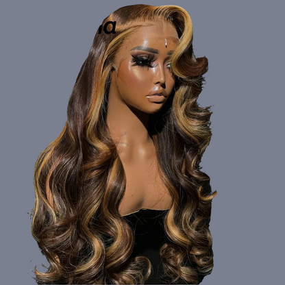 Luxurious 13x6 body wave ombre lace front wig in honey blonde, featuring high-quality synthetic hair for a stunning daily look.