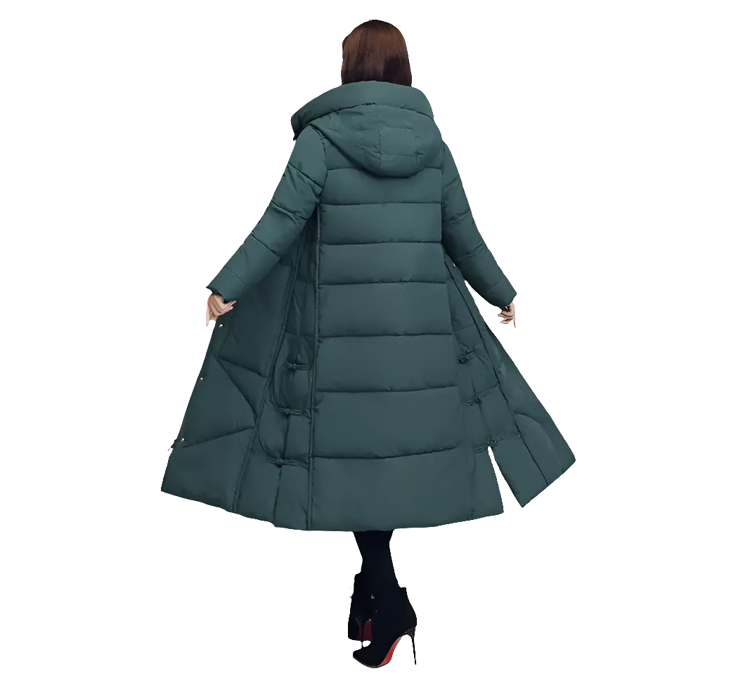 Chic women's long snow jacket in rich colour, showcasing its plush cotton padding and sophisticated silhouette for ultimate winter comfort.