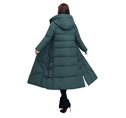Chic women's long snow jacket in rich colour, showcasing its plush cotton padding and sophisticated silhouette for ultimate winter comfort.