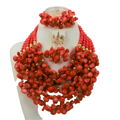 Elegant African coral necklace showcasing intricate bead design, perfect for enhancing bridal beauty on wedding days.