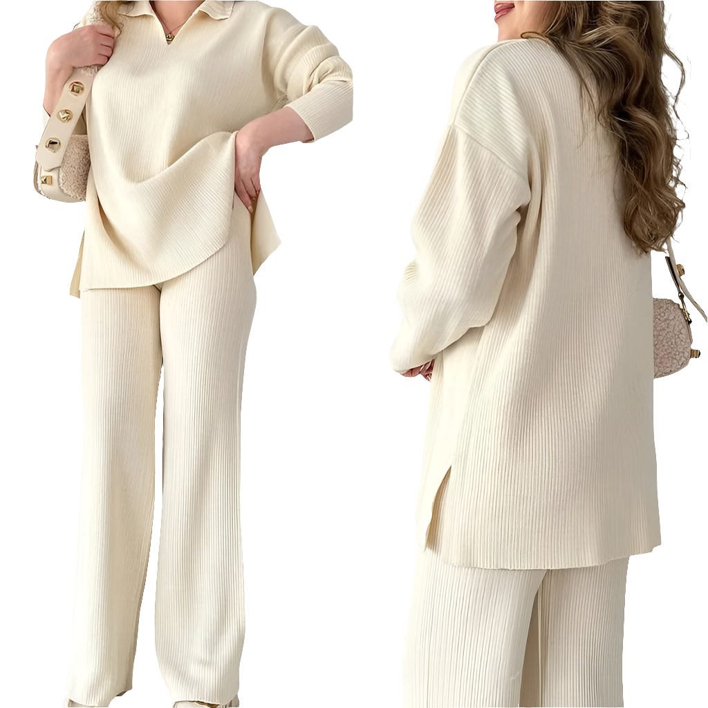 Stylish women's autumn outfit featuring a soft knitted pullover and flattering wide-leg pants, exuding casual sophistication for everyday elegance.