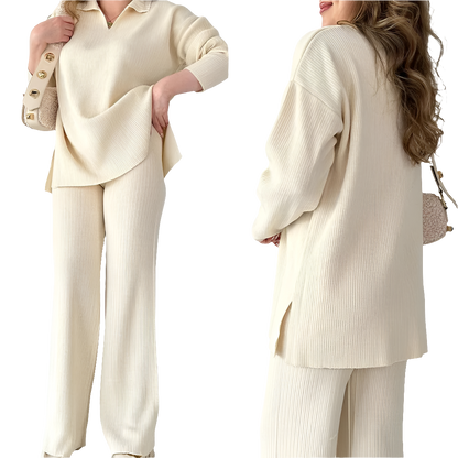 Stylish women's autumn outfit featuring a soft knitted pullover and flattering wide-leg pants, exuding casual sophistication for everyday elegance.
