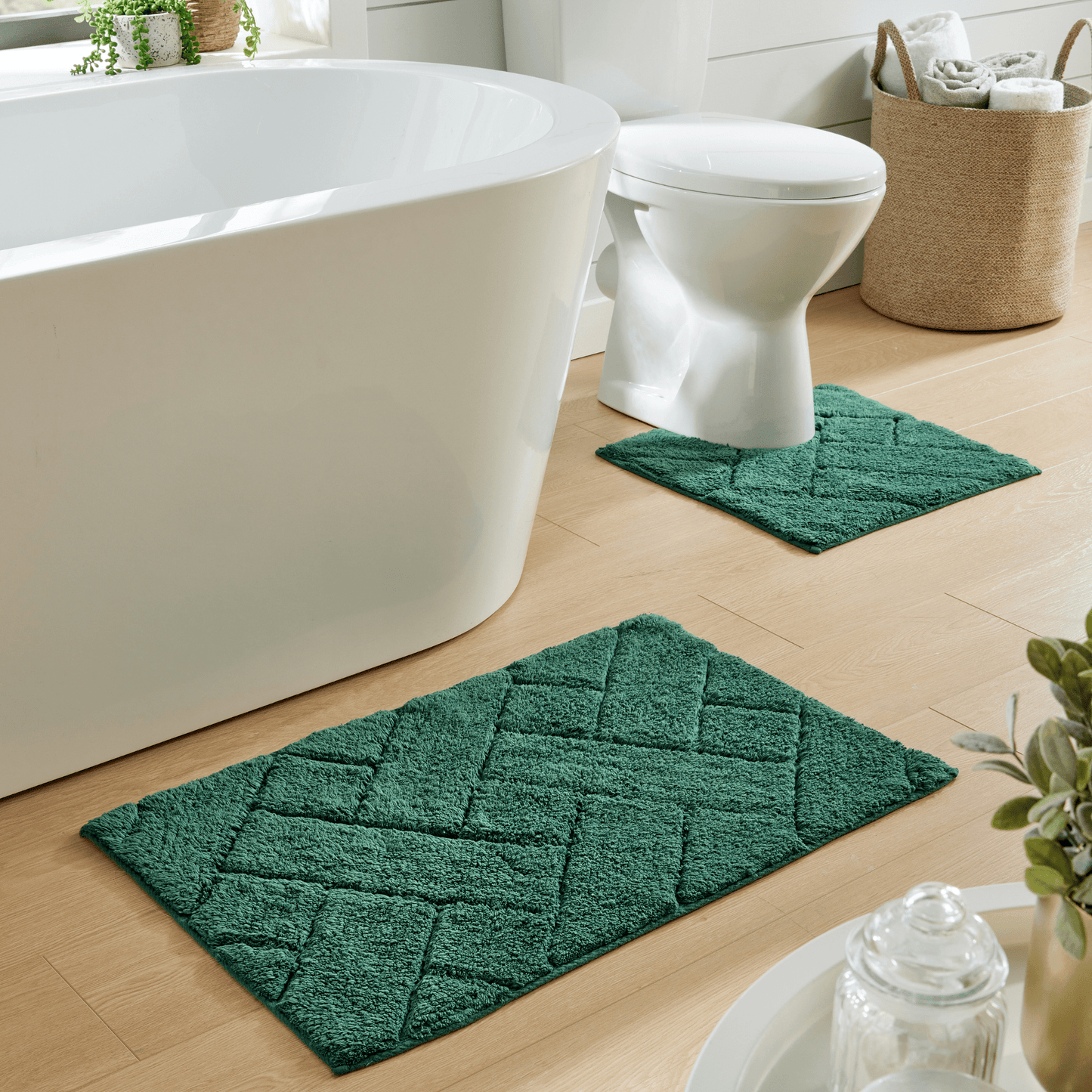 Bali Bath Mat & Pedestal Set by OLIVIA ROCCO, displayed in a stylish bathroom setting, highlighting its premium quality and versatility in various colour options.