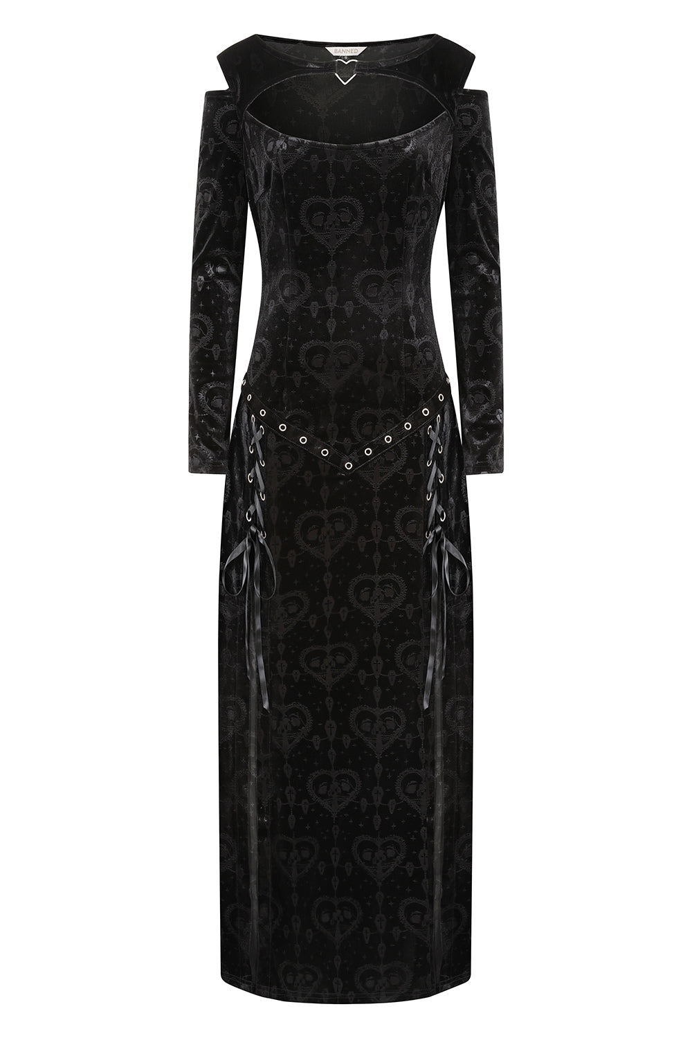 Elegant Banned Amara Gothic Burnout Velvet Dress featuring luxurious textured fabric and dramatic cold-shoulder cutouts.