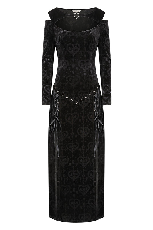 Elegant Banned Amara Gothic Burnout Velvet Dress featuring luxurious textured fabric and dramatic cold-shoulder cutouts.