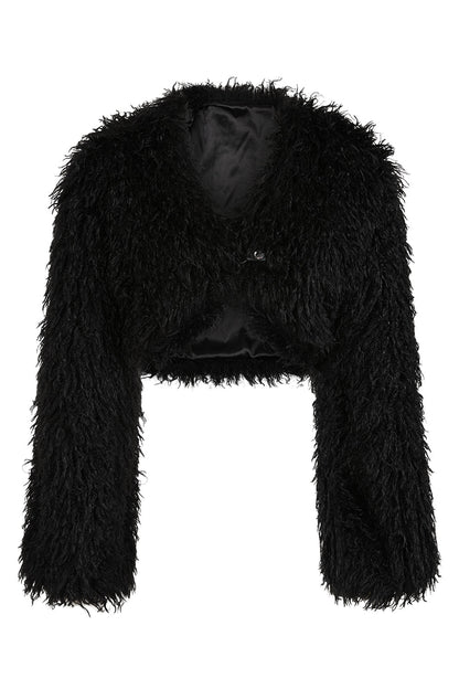 Banned Zafira Black Faux Fur Cropped Jacket displayed elegantly, showcasing its luxurious shaggy texture and sleek design, perfect for gothic fashion enthusiasts.