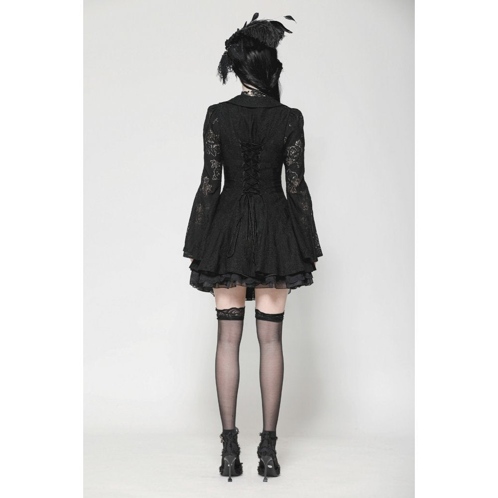 Elegant Gothic Lace Dress with Gemstone Buttons in Black, showcasing flared silhouette and adjustable waist for a custom fit.