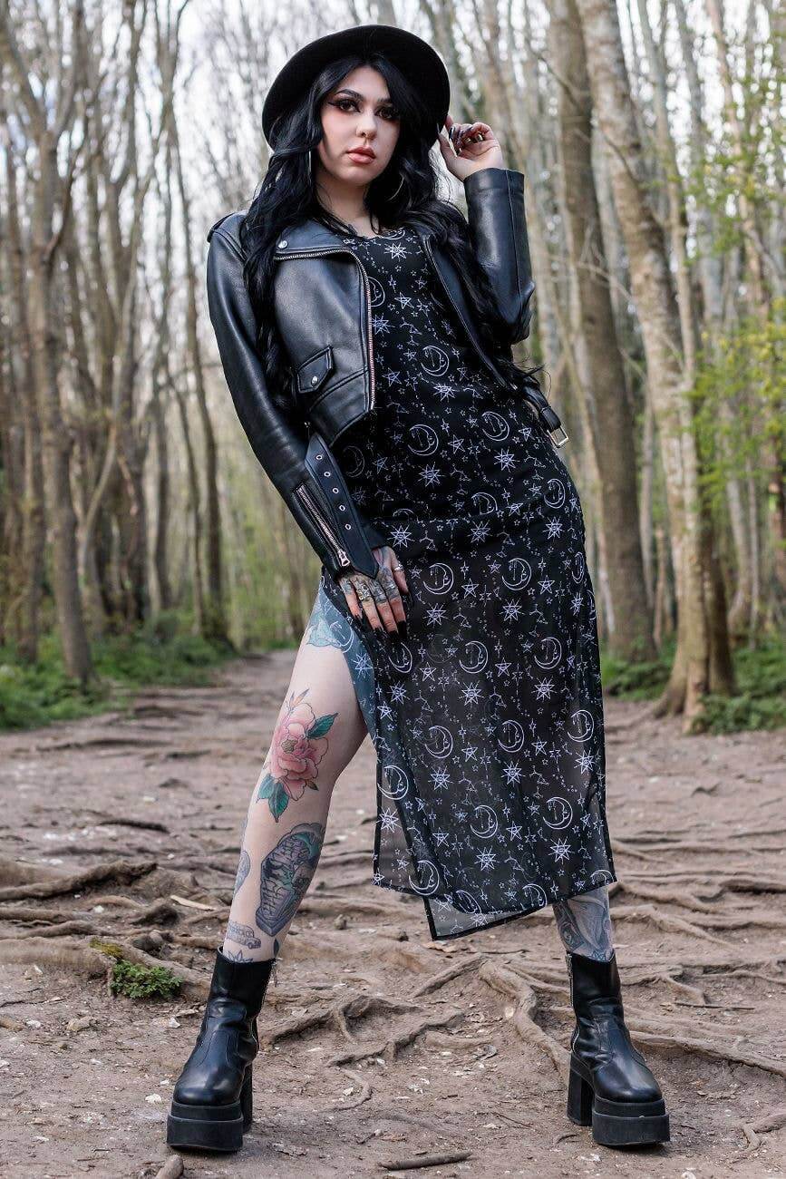 Full view of the Moon & Stars Strappy Maxi Dress with side split, highlighting its flowing chiffon fabric and enchanting starry print.