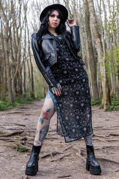 Full view of the Moon & Stars Strappy Maxi Dress with side split, highlighting its flowing chiffon fabric and enchanting starry print.