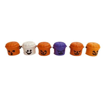 Charming collection of Halloween Pumpkin Buckets with Straw Mouthpiece Decorations, featuring vibrant orange, white, and purple buckets adorned with delightful Halloween faces, perfect for festive celebrations.
