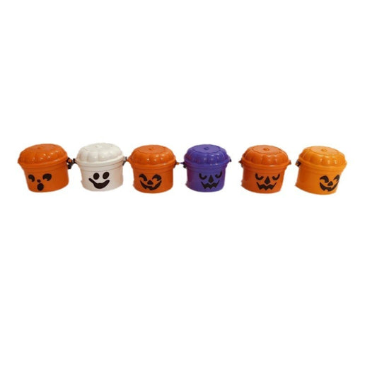 Charming collection of Halloween Pumpkin Buckets with Straw Mouthpiece Decorations, featuring vibrant orange, white, and purple buckets adorned with delightful Halloween faces, perfect for festive celebrations.