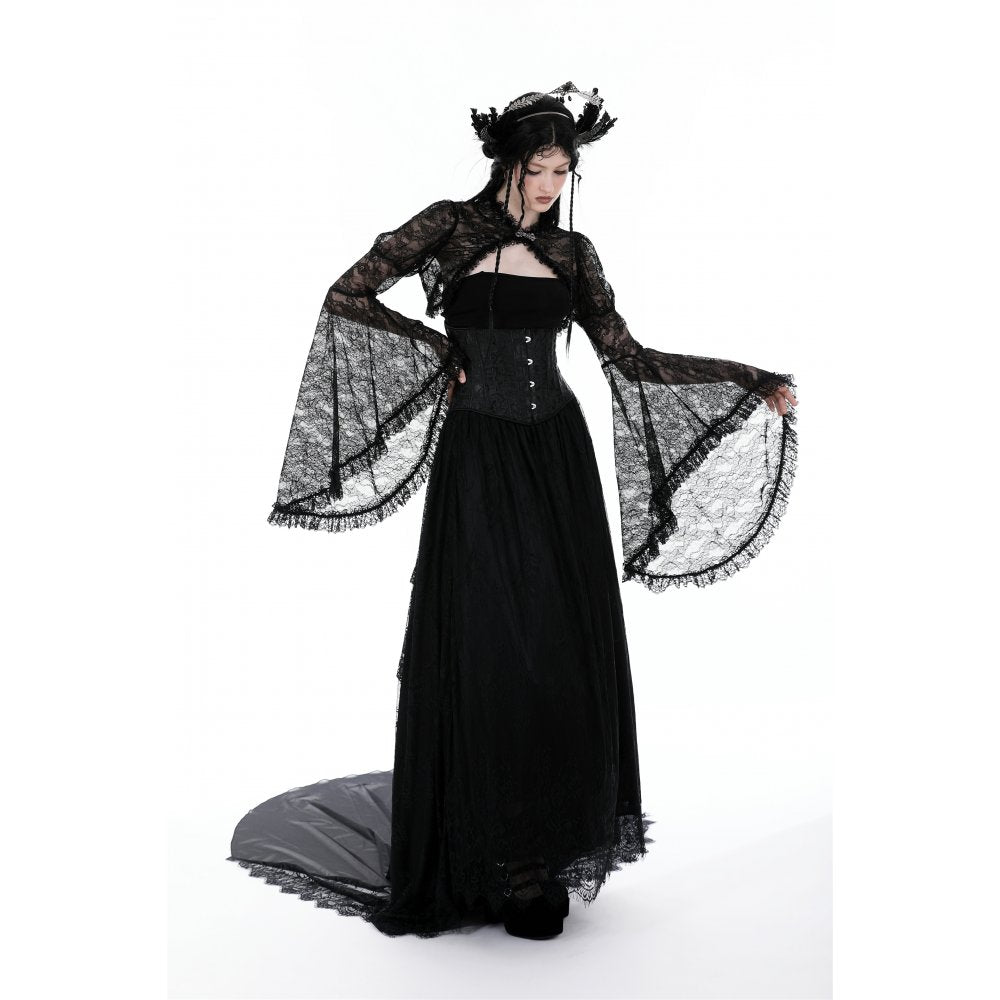 Romantic layered bell sleeves of the gothic lace shrug, exemplifying the graceful flow and ethereal style of the product.