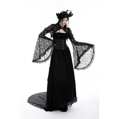 Romantic layered bell sleeves of the gothic lace shrug, exemplifying the graceful flow and ethereal style of the product.