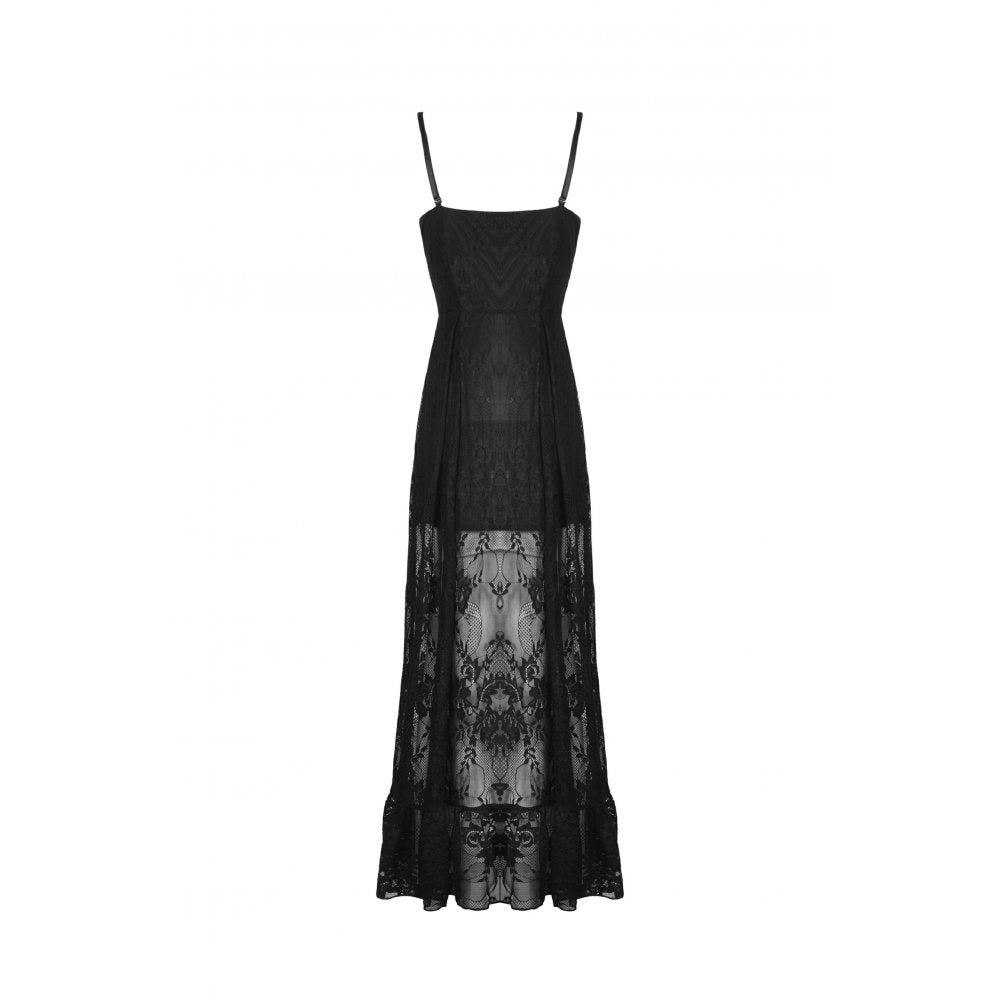 Model showcasing the Dark In Love black lace Drusilla maxi dress in a stylish pose, highlighting its flattering silhouette and beautiful lace fabric for evening wear.