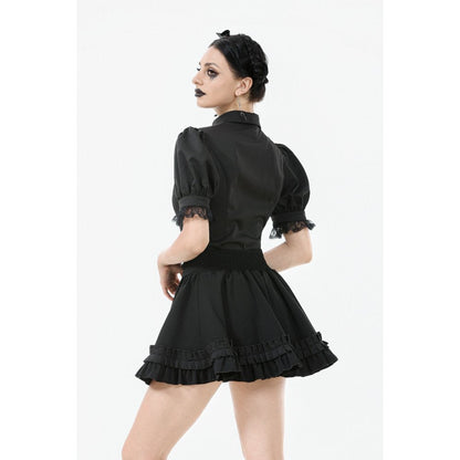 Elegant black Lolita-inspired high-waisted mini skirt featuring layered ruffles and a sweetheart waistband, exuding gothic charm and vintage flair.