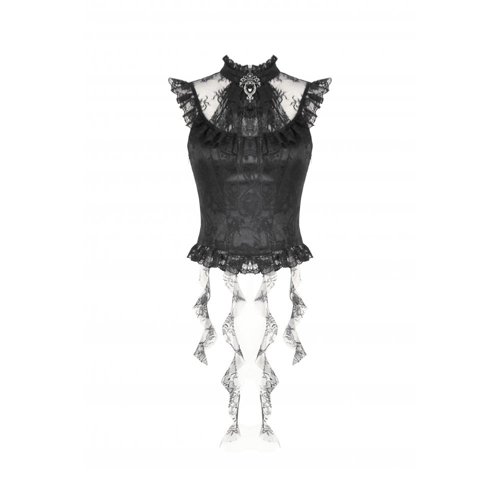 Romantic silhouette of the Dark in Love Seraphina Black Blouse with sheer lace hem, perfect for alternative fashion enthusiasts.