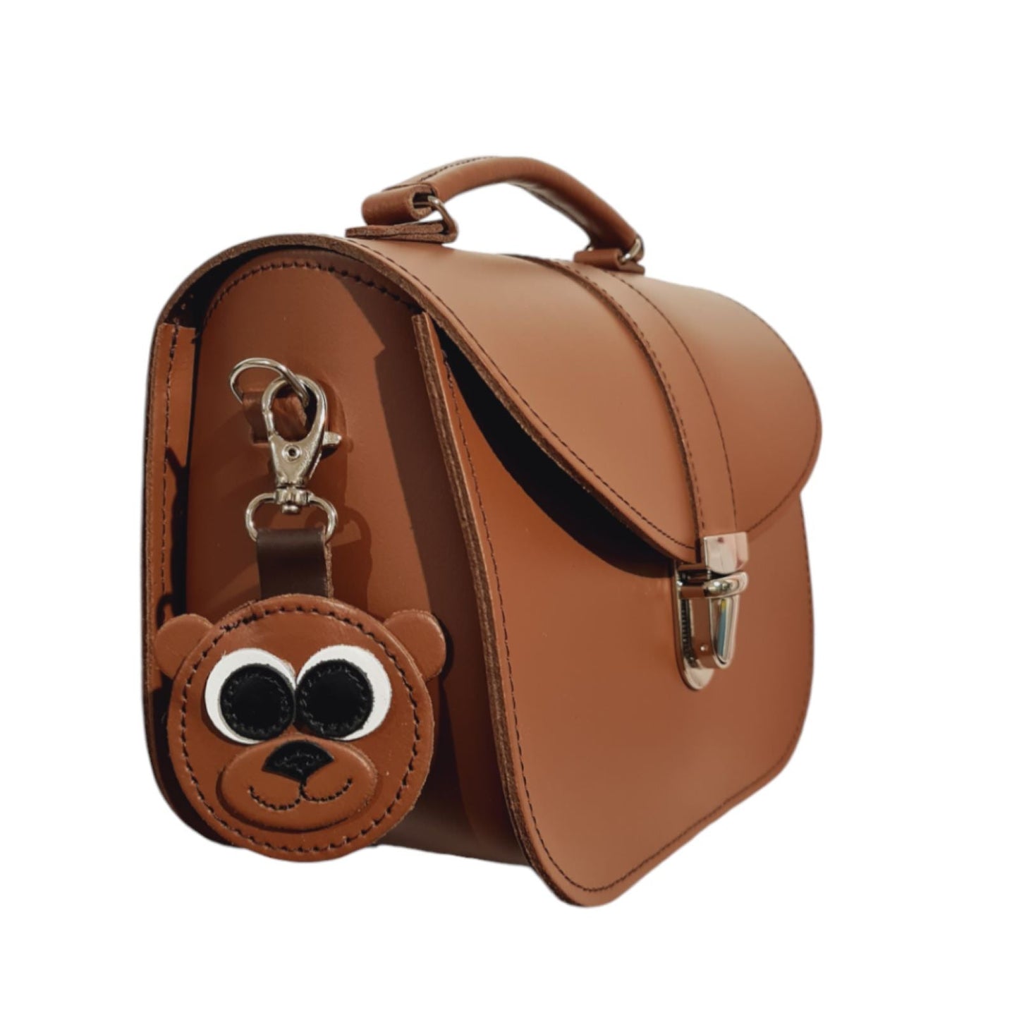 Chic brown bear leather bag charm with Zatchels logo embossed, symbolising luxury and quality British craftsmanship.