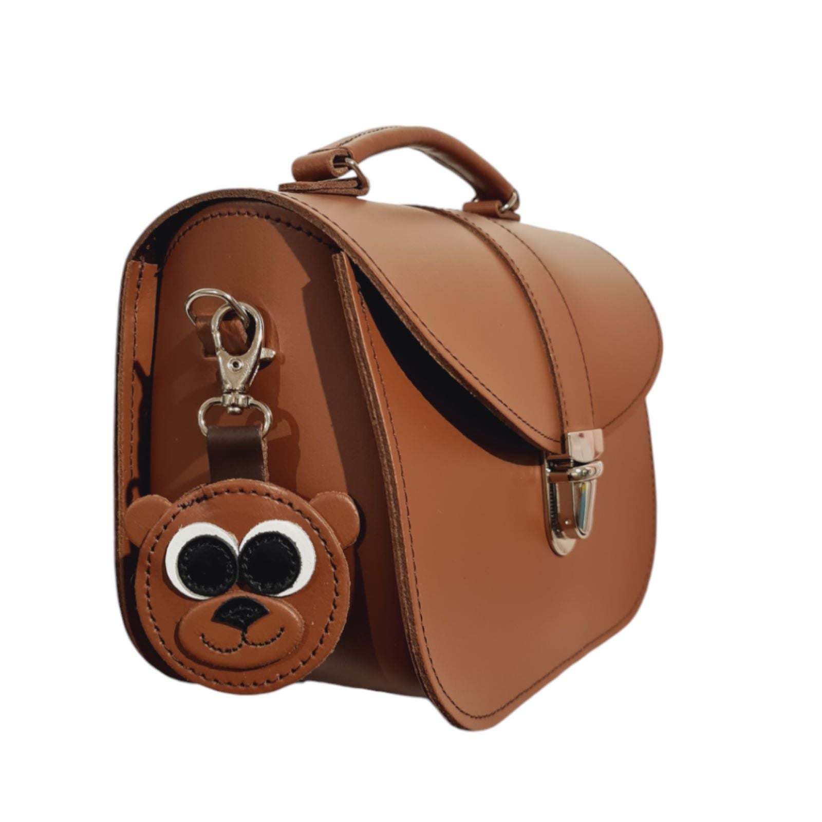 Chic brown bear leather bag charm with Zatchels logo embossed, symbolising luxury and quality British craftsmanship.