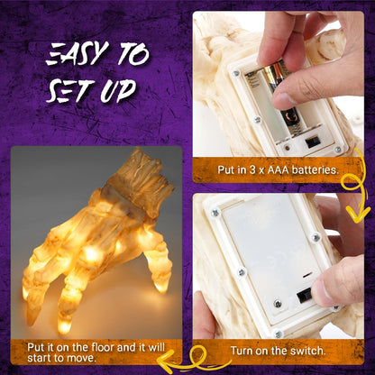 Halloween Electric Luminous Crawling Hand Animated Decoration demonstrating easy setup instructions, showcasing battery insertion and activation process for an enchanting Halloween experience.