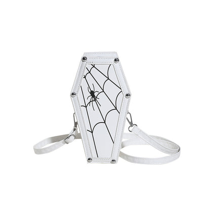Luxury Halloween Coffin-shape Shoulder Bag featuring a Gothic spider web design, ideal for stylish women looking to elevate their spooky fashion.