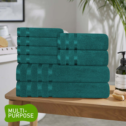 Elegant hand towels from the Belmont Jade Green Stripe Towel Set, crafted with high-quality cotton for a plush, comfortable feel.
